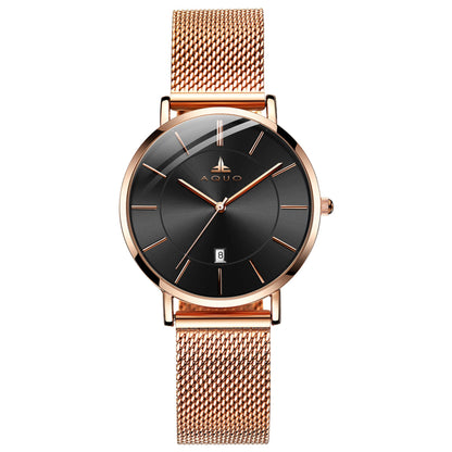 Aquo Amber women watch black dial rose gold case golden mesh belt steel date classy