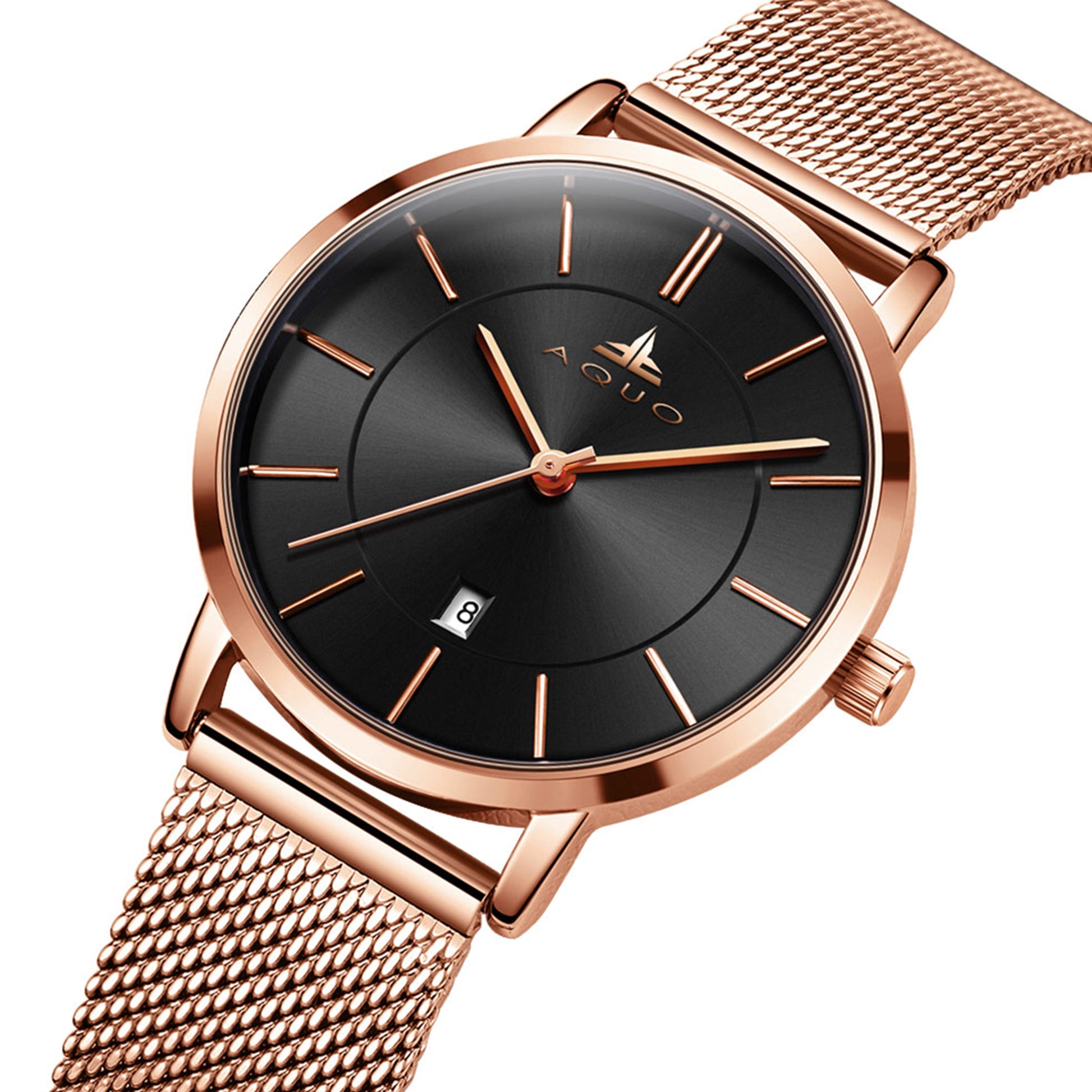 Aquo Amber women watch black dial rose gold case golden mesh belt steel date classy