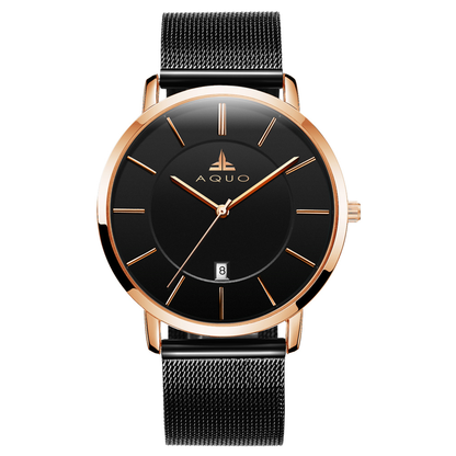 Aquo Aurum men watch black dial rose gold case black mesh belt steel date window classy elegant