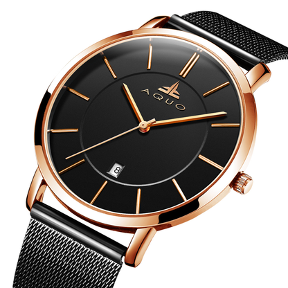 Aquo Aurum men watch black dial rose gold case black mesh belt steel date window classy elegant