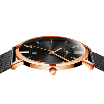 Aquo Aurum men watch black dial rose gold case black mesh belt steel date window classy elegant