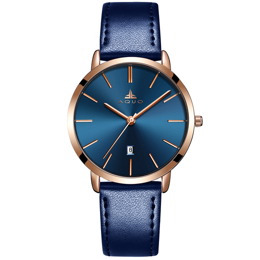 Aquo Azure women blue dial rose gold case blue genuine leather belt date classy elegant blue rose