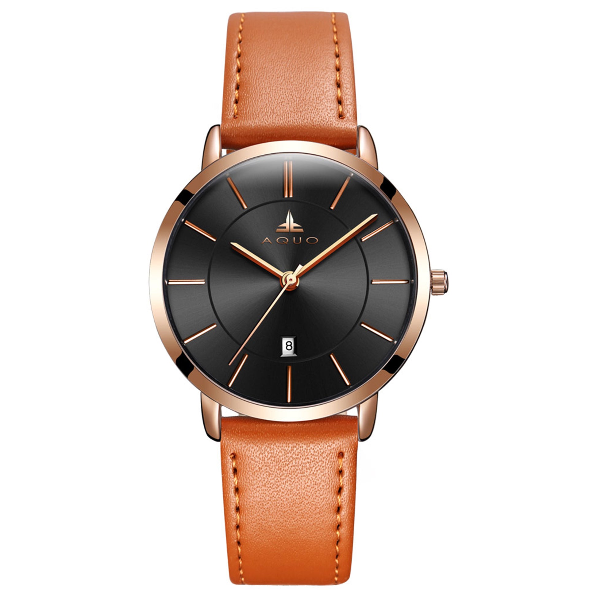 Aquo Celosia women black dial rose gold case orange tan genuine leather belt date classy elegant orange rose