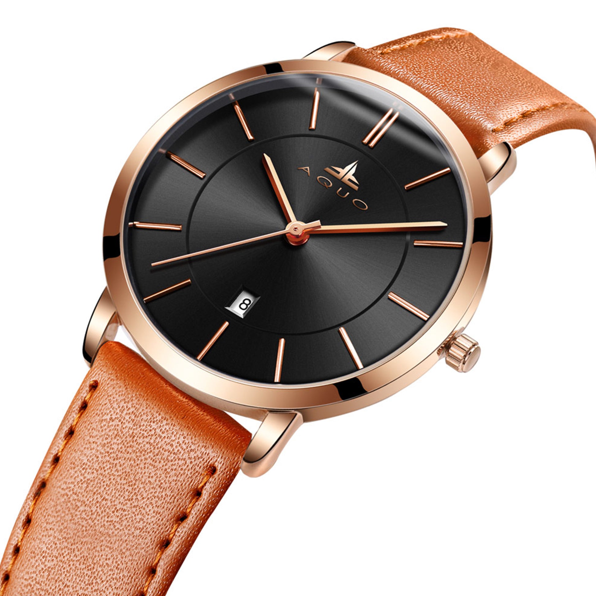 Aquo Celosia women black dial rose gold case orange tan genuine leather belt date classy elegant orange rose