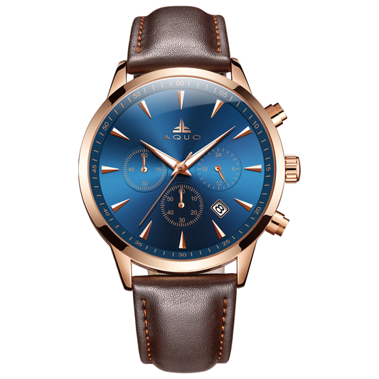 Aquo Chestnut men watch blue dial rose gold case dark chocolate brown genuine leather belt chronograph function with date formal casual