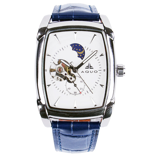 Aquo Nightfall automatic men watch white dial bright silver case royal blue genuine leather crocodile design belt sun and moon dial skeleton design backcase movement window silver trim