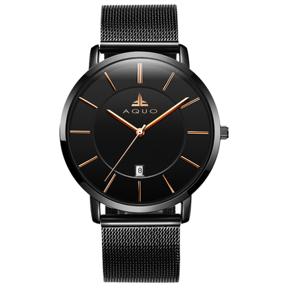 Aquo Phantom men watch black dial black case black mesh belt steel rose golden numbers date window classy elegant