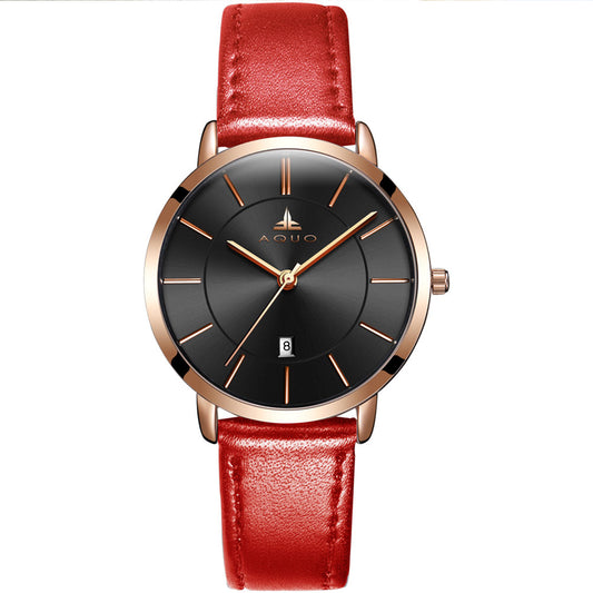 Aquo Scarlet women black dial rose gold case bright crimson red genuine leather belt date classy elegant red rose