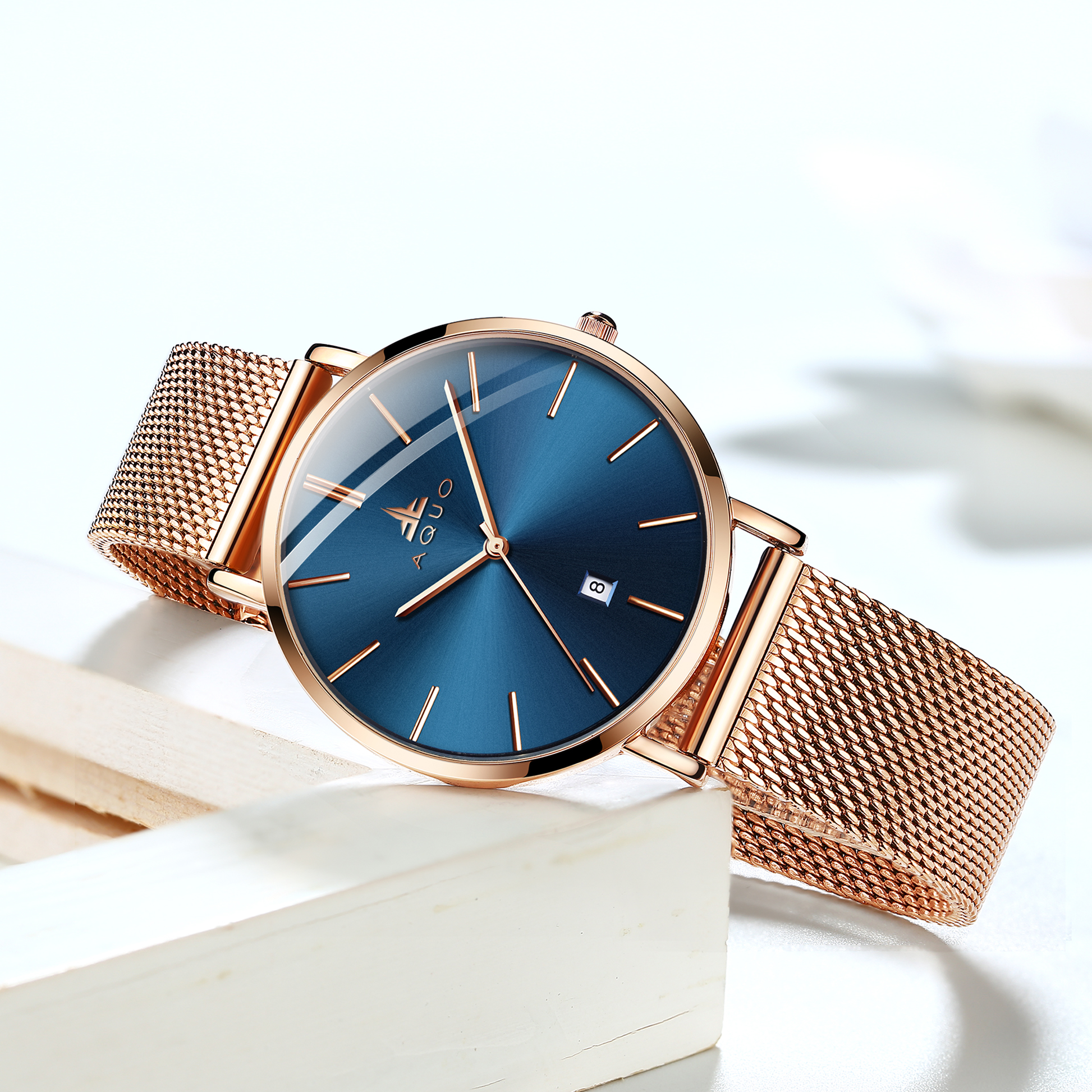 Aquo Sunsprite women watch blue dial rose gold case rose golden mesh belt steel date classy elegant yellow golden rose best seller