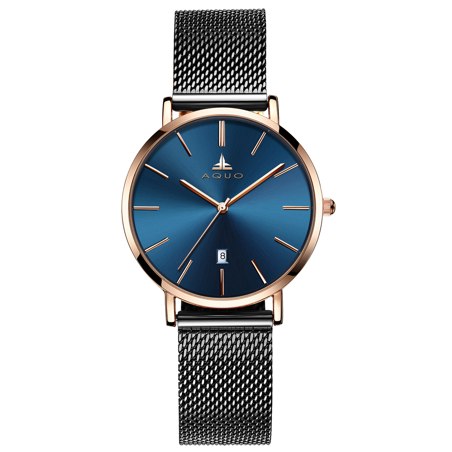 Aquo Viola women watch blue dial rose gold case black mesh belt steel date classy elegant black rose