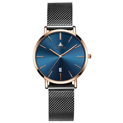 Aquo Viola women watch blue dial rose gold case black mesh belt steel date classy elegant black rose